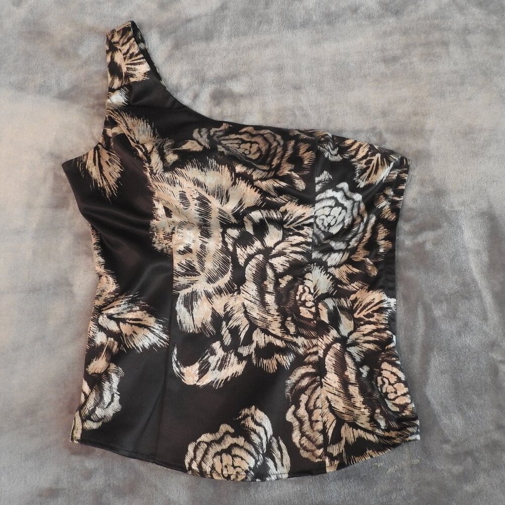 Guess One Shoulder Metallic Floral Sleeveless Top, Large